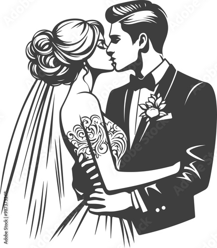 wedding husband wife, romantic couple, and Kissing couple silhouette vector design.