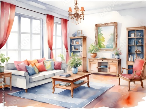 Watercolor Cozy Living Room House