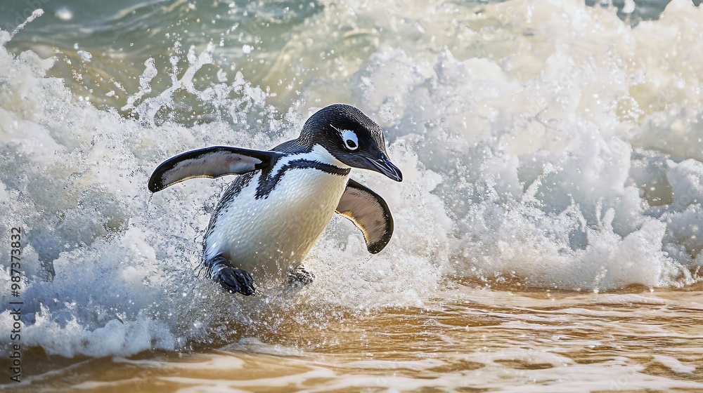 Fototapeta premium Penguin running through ocean waves