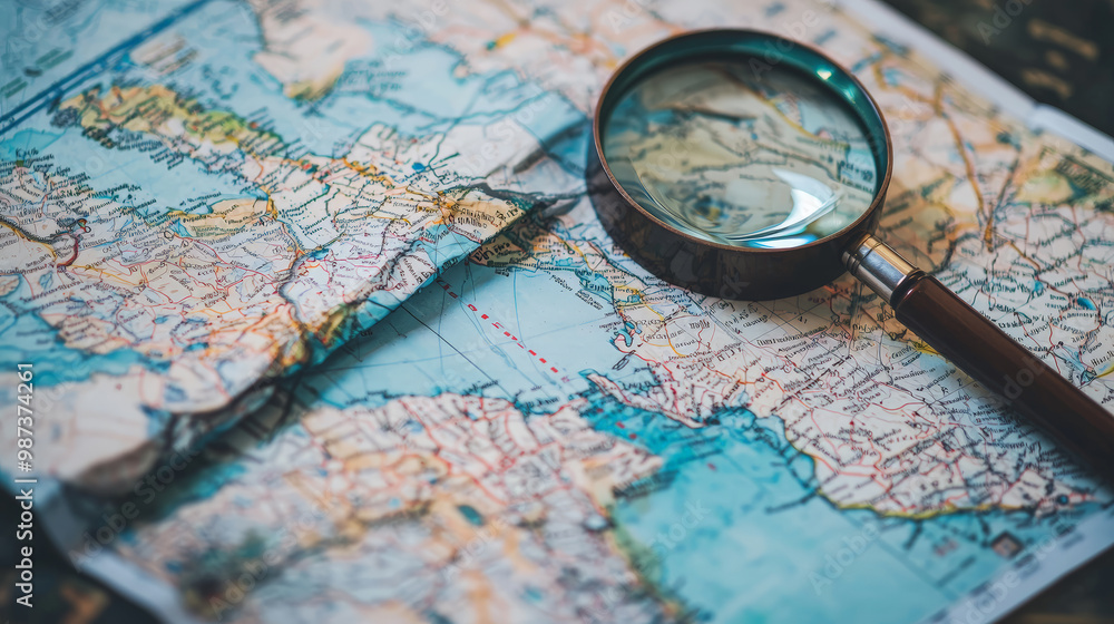 A captivating photo illustrating the principle of navigation, featuring an open map and a magnifying glass. Generative AI A captivating photo illustrating the principle of navigation, featuring an open map and a magnifying glass. Generative AI