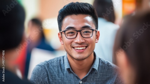 Asian man participating in a community event, engaging with others and sharing his insights and experiences.