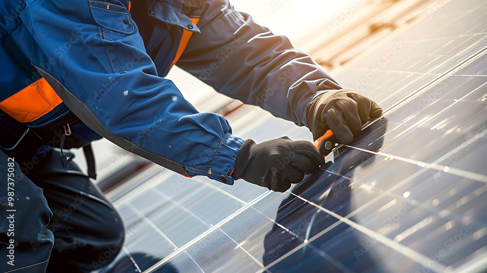 Worker installing solar panels on the roof Worker installing solar panels on the roof