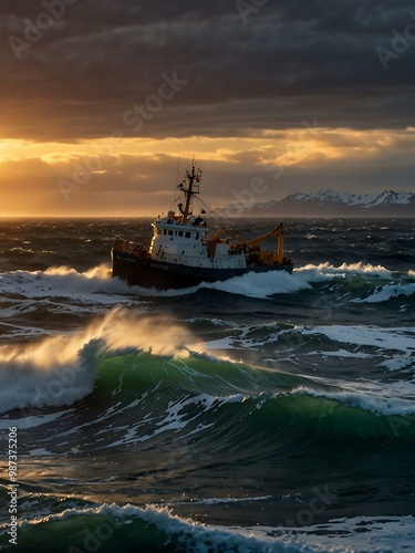 Fishing trawler battling fierce waves at sunset in the Bering Strait. photo