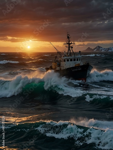 Fishing trawler battling fierce waves at sunset in the Bering Strait. photo