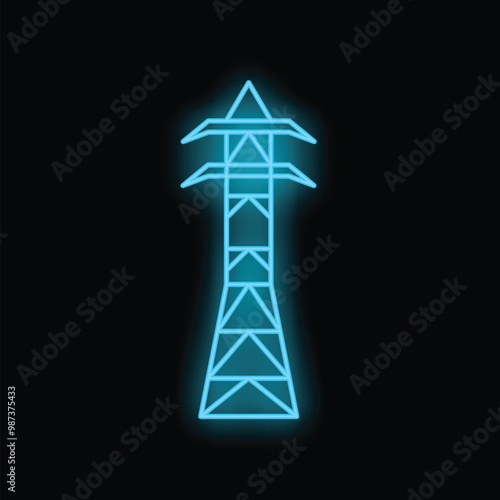 Blue neon icon of an electric power transmission tower glowing on a black background