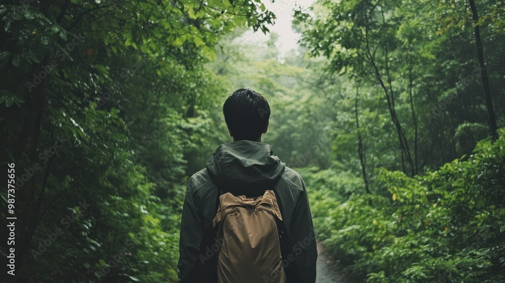 Asian man walking through a quiet forest, contemplating his journey while taking in the beauty of nature. Asian man walking through a quiet forest, contemplating his journey while taking in the beauty of nature.