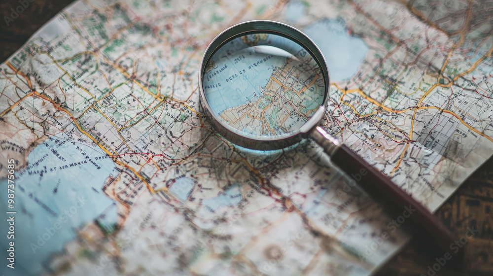 A captivating photo illustrating the principle of navigation, featuring an open map and a magnifying glass. Generative AI A captivating photo illustrating the principle of navigation, featuring an open map and a magnifying glass. Generative AI
