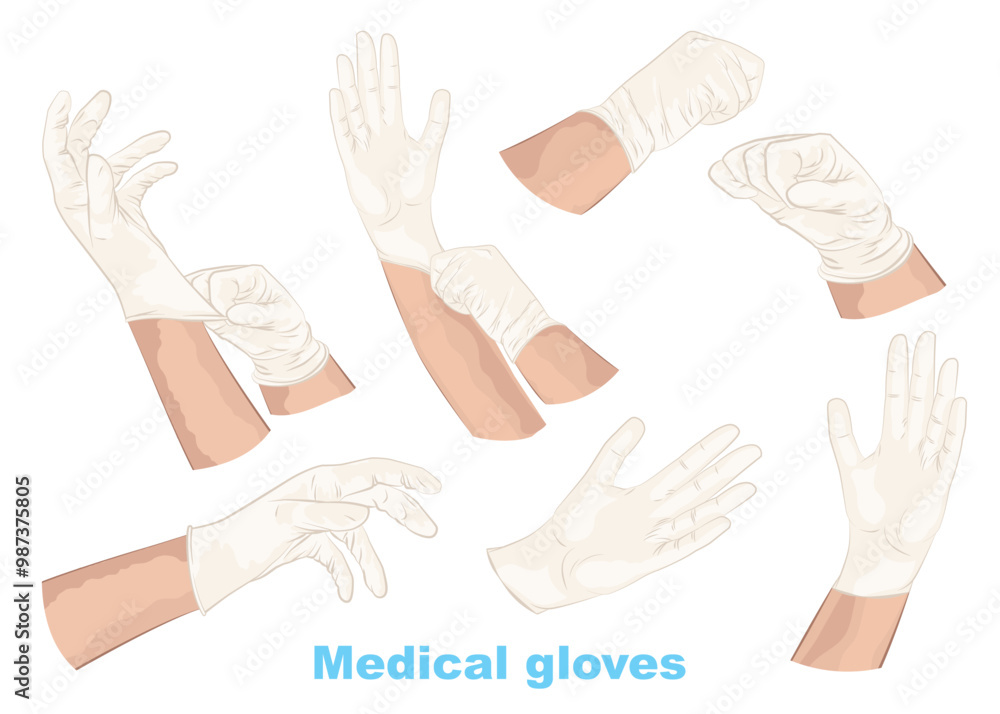Medical gloves on hand set. Hands in sterile white gloves. Vector illustration. Medical gloves on hand set. Hands in sterile white gloves. Vector illustration.