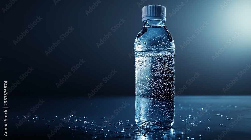 A bottle of sparkling water on a blue background. A bottle of sparkling water on a blue background.