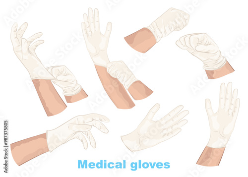 Medical gloves on hand set. Hands in sterile white gloves. Vector illustration.