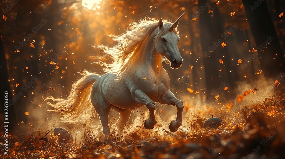 A magical unicorn with a shimmering mane galloping through a dark forest under a full moon, surrounded by Halloween decorations and fog, perfect for ad space A magical unicorn with a shimmering mane galloping through a dark forest under a full moon, surrounded by Halloween decorations and fog, perfect for ad space