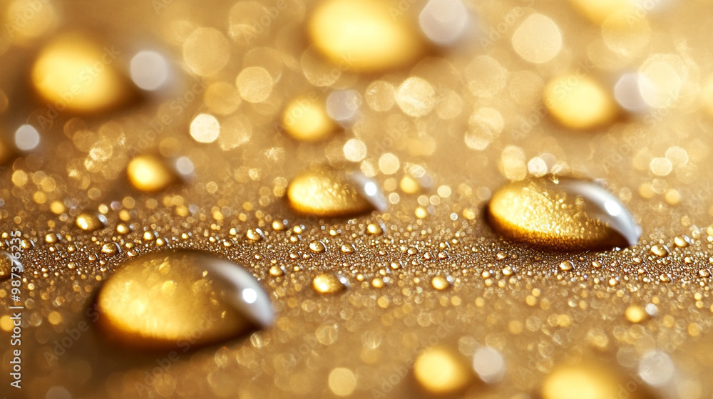 Close-up of golden droplets shimmering on a surface, highlighting beauty and texture with a soft focus and vibrant colors. Close-up of golden droplets shimmering on a surface, highlighting beauty and texture with a soft focus and vibrant colors.