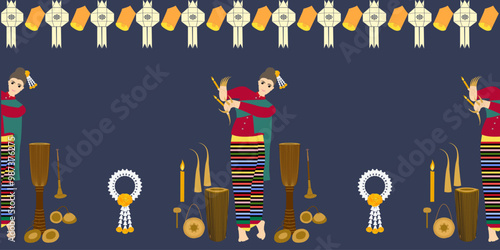 Chiang Mai cultural fabric pattern, women dance with gold fingernails and hold candles decorated with Lanna lanterns and musical instruments playing music to accompany the dance.