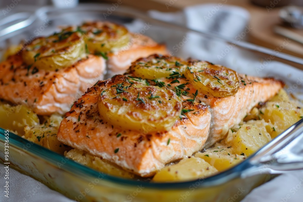 Baked salmon with honey-mustard sauce and potato gratin, ai Baked salmon with honey-mustard sauce and potato gratin, ai