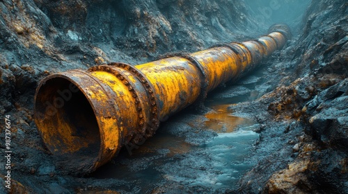 Rusty Pipeline in a Dark and Damp Trench