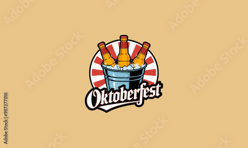 Oktoberfest logo with beer bottles in an ice bucket vector.