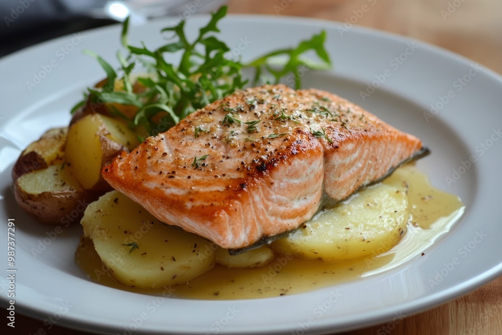 Baked salmon with honey-mustard sauce and potato gratin, ai Baked salmon with honey-mustard sauce and potato gratin, ai