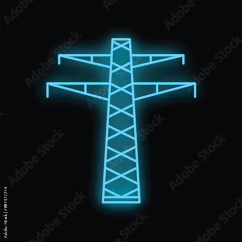 Neon blue icon of electric pylon glowing on black background
