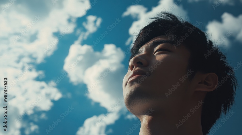 Close-up of an Asian man reflecting while watching the clouds, finding peace in nature's simplicity. Close-up of an Asian man reflecting while watching the clouds, finding peace in nature's simplicity.