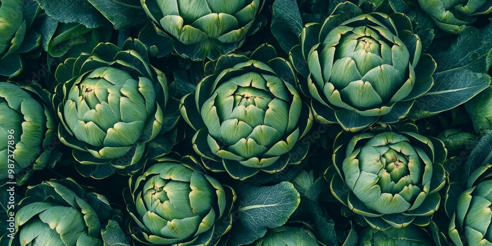 A beautiful arrangement of fresh artichokes captured from above. The vibrant green tones and unique shapes create an appealing visual. This image is perfect for culinary, health, and nature themes. AI A beautiful arrangement of fresh artichokes captured from above. The vibrant green tones and unique shapes create an appealing visual. This image is perfect for culinary, health, and nature themes. AI
