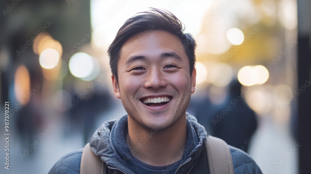 Close-up of an Asian man smiling while spending time with friends, capturing moments of joy and connection. Close-up of an Asian man smiling while spending time with friends, capturing moments of joy and connection.