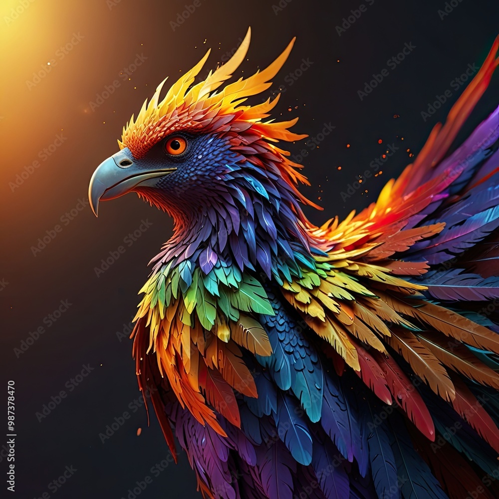 Fototapeta premium Colorful tropical macaw with a long beak soars through the sky, its vibrant feathers contrasting against the deep blue