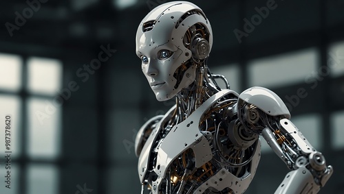 Futuristic humanoid robot with a mechanical arm.