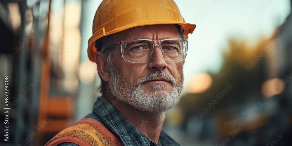 A focused construction worker is captured in this image. He wears a bright yellow hard hat and glasses. His serious expression reflects dedication and experience. AI A focused construction worker is captured in this image. He wears a bright yellow hard hat and glasses. His serious expression reflects dedication and experience. AI