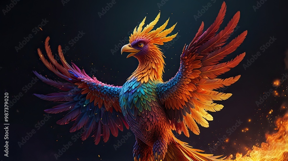 Fototapeta premium Colorful tropical macaw with a long beak soars through the sky, its vibrant feathers contrasting against the deep blue