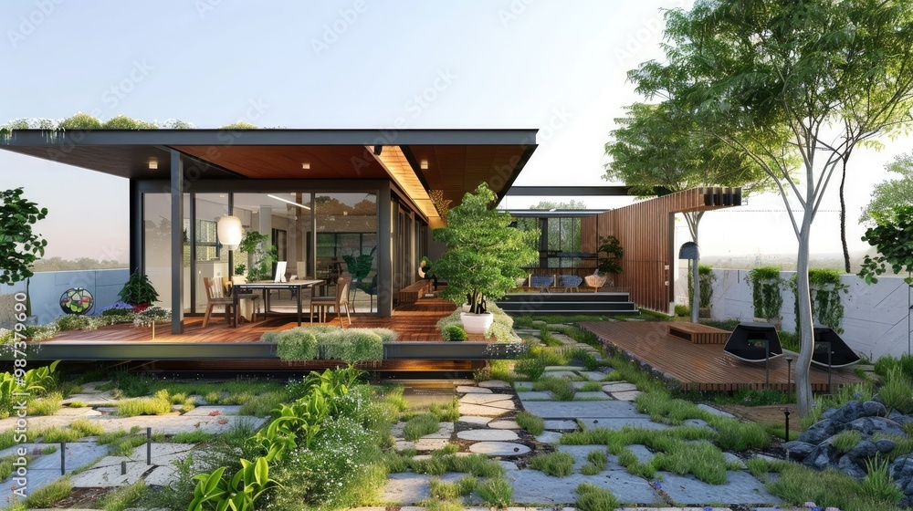 A modern and eco-friendly office with a rooftop garden and outdoor workspace A modern and eco-friendly office with a rooftop garden and outdoor workspace