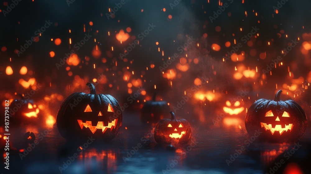 Fototapeta premium 3D Halloween pumpkins scattered across a dark, misty background, with eerie glowing light emanating from within.