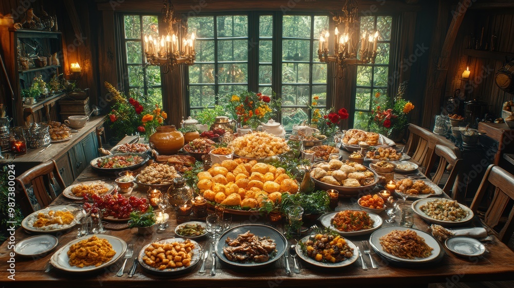 A grand rustic dining table lavishly adorned with an extravagant assortment of various delicious foods and colorful assortments set against a scenic background A grand rustic dining table lavishly adorned with an extravagant assortment of various delicious foods and colorful assortments set against a scenic background