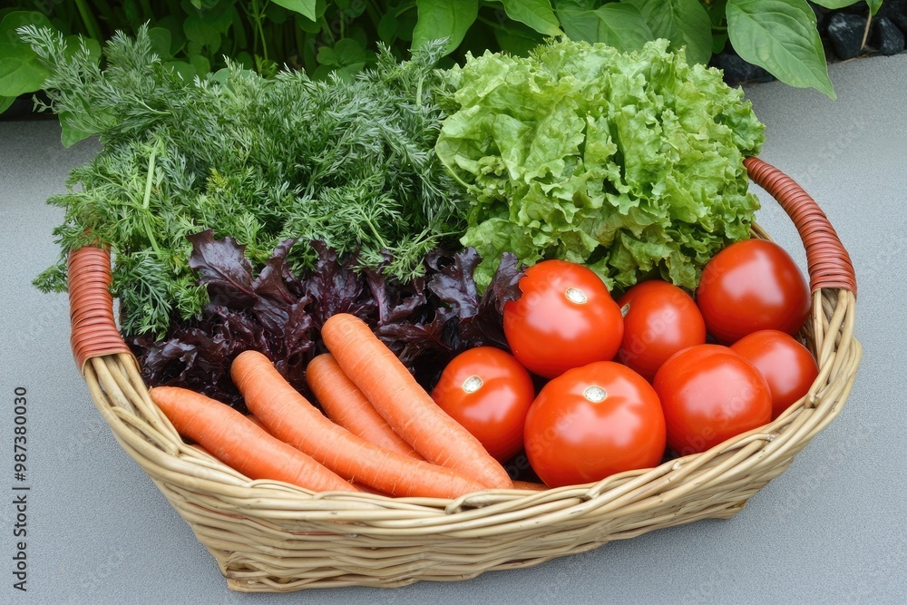 A beautifully arranged vegetable basket filled with vibrant tomatoes, carrots, and leafy greens, ready for a healthy meal A beautifully arranged vegetable basket filled with vibrant tomatoes, carrots, and leafy greens, ready for a healthy meal
