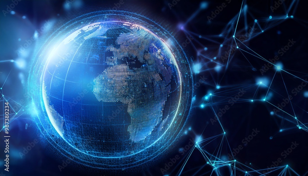 Fototapeta premium A glowing globe represents a digital, interconnected world, surrounded by networks of light and information.