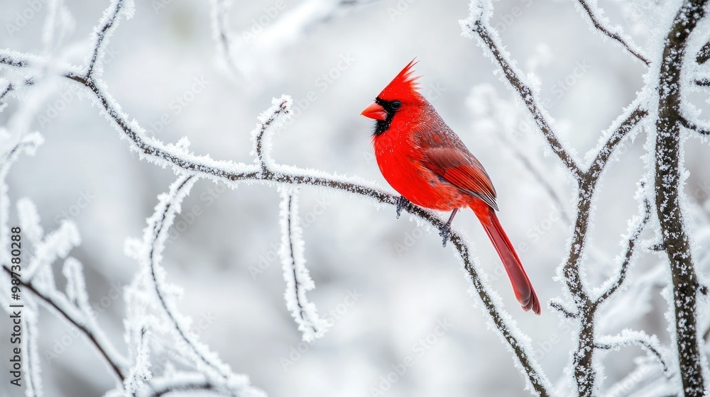 A bright red cardinal bird standing out against the white frost and snow on a tree branch. A bright red cardinal bird standing out against the white frost and snow on a tree branch.