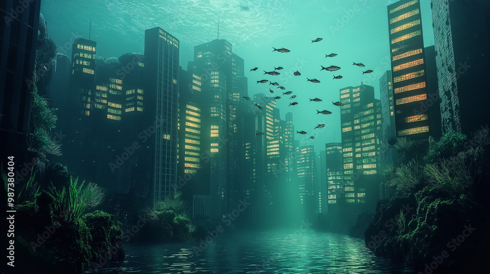Naklejka premium Underwater city with floating fish