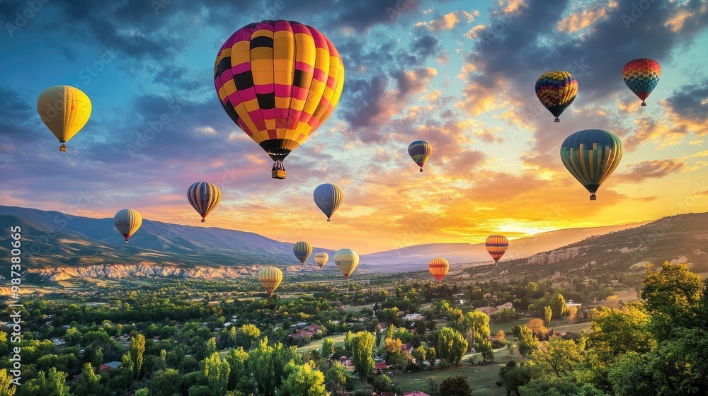 Obraz premium A breathtaking view of hot air balloons launching over a scenic landscape, with vibrant colors filling the sky