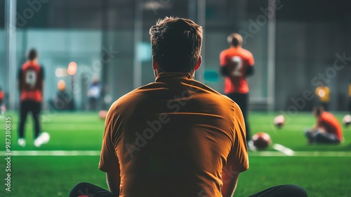 A man sits on the sideline watching a soccer game.