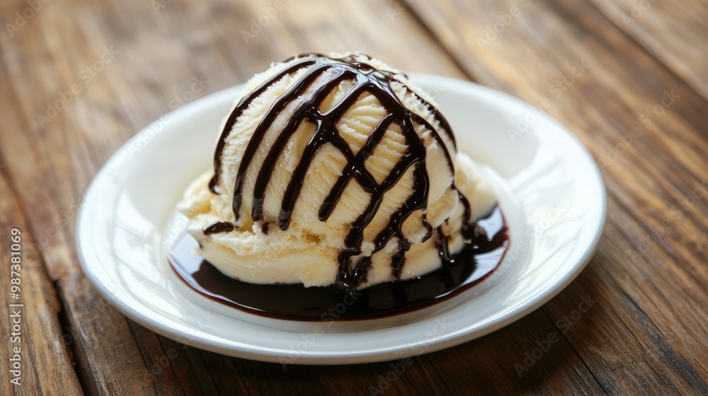 A delicious scoop of vanilla ice cream with a drizzle of chocolate syrup, elegantly served on a rustic wooden table. A delicious scoop of vanilla ice cream with a drizzle of chocolate syrup, elegantly served on a rustic wooden table.
