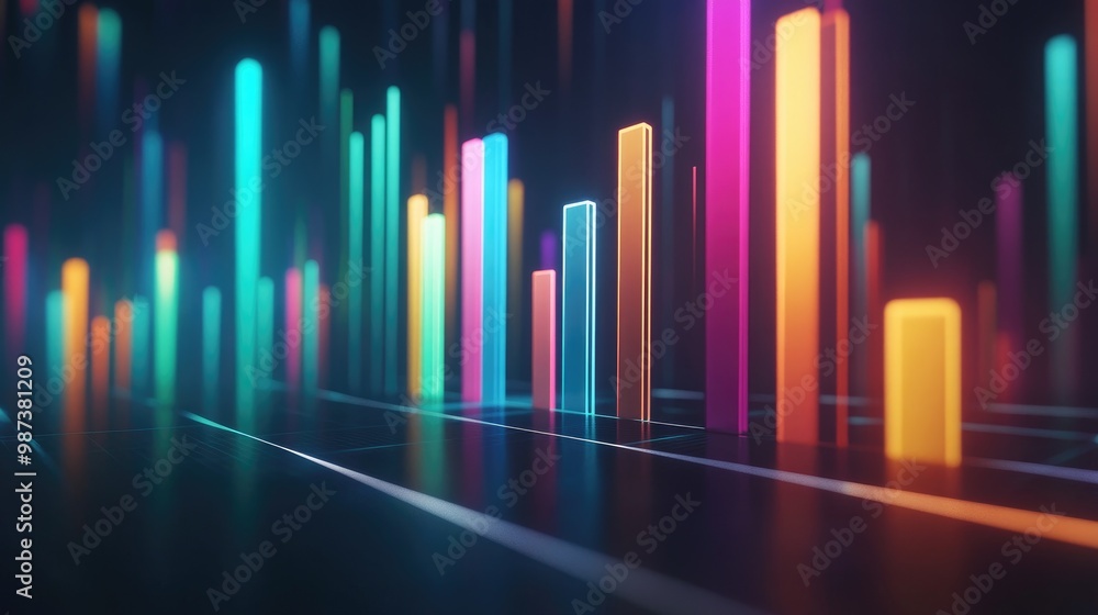 A 3D bar chart rising upward, symbolizing financial growth, with glowing bars in various colors representing different business metrics on a dark, futuristic background. A 3D bar chart rising upward, symbolizing financial growth, with glowing bars in various colors representing different business metrics on a dark, futuristic background.