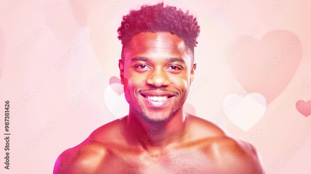 Romantic Smiling Muscular Handsome African American Man posing shirtless in Pink Lighting with Hearts Background. Concept of love, passion, Valentine's Day, romance, affection, Playful Emotion Romantic Smiling Muscular Handsome African American Man posing shirtless in Pink Lighting with Hearts Background. Concept of love, passion, Valentine's Day, romance, affection, Playful Emotion
