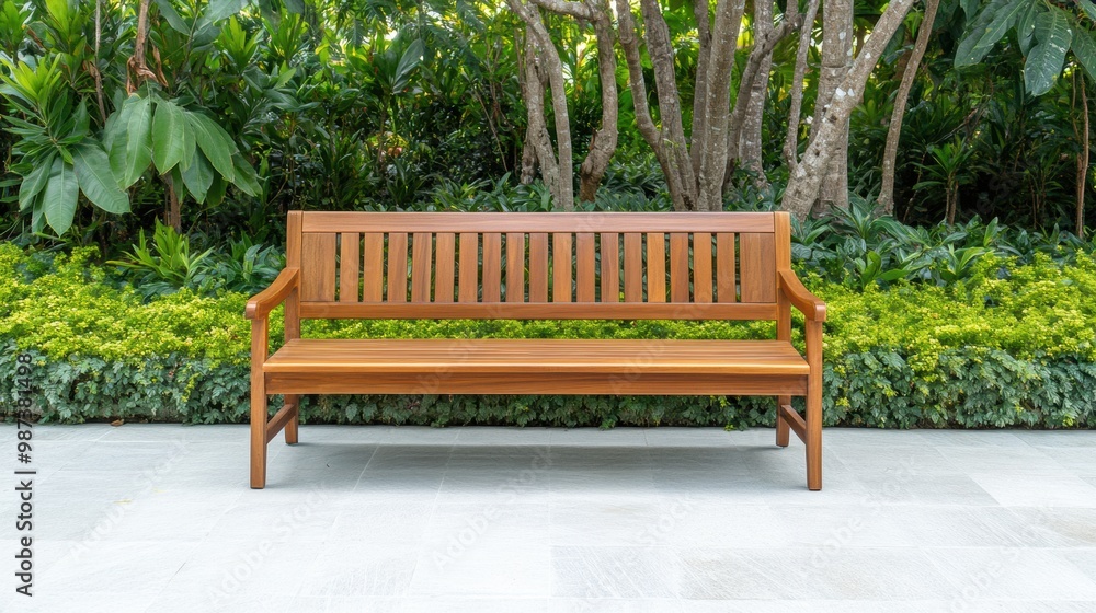 Wooden Bench Surrounded by Lush Greenery Wooden Bench Surrounded by Lush Greenery