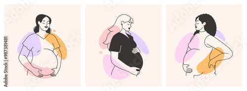 Pregnant woman expecting a baby. Pregnancy, maternity, motherhood concept. Prenatal care and health. Set of illustrations. Happy healthy mother touching belly. Isolated hand drawn flat vector