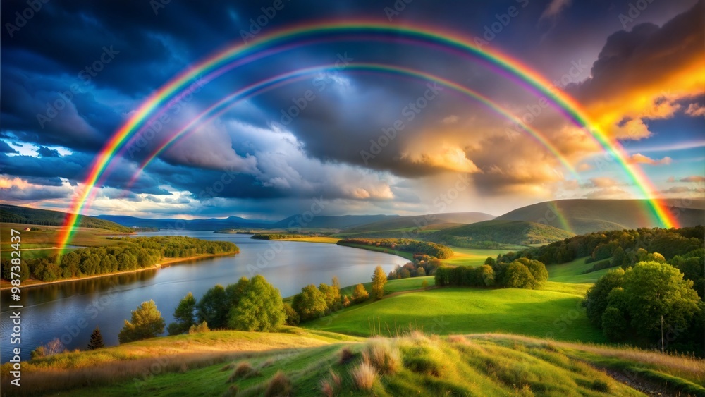 Nature's Arc A Breathtaking Rainbow Over Serene Landscapes Nature's Arc A Breathtaking Rainbow Over Serene Landscapes