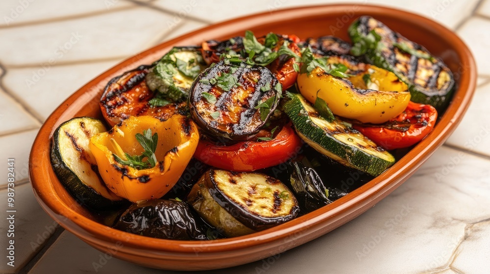A dish of grilled vegetables, beautifully plated with charred zucchini, bell peppers, and eggplant, ready to serve A dish of grilled vegetables, beautifully plated with charred zucchini, bell peppers, and eggplant, ready to serve