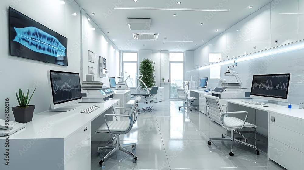 A professional and organized office with a digital health lab and personalized medicine A professional and organized office with a digital health lab and personalized medicine
