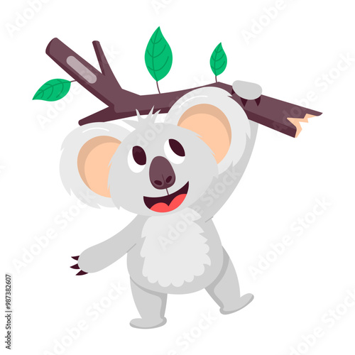 Photography Comic style sticker of hanging koala with tree branch