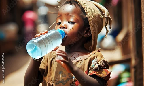 Child Drinking Water in Poverty-Stricken Community | Global Water Crisis and Survival in Underserved Regions photo