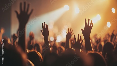 A festival crowd cheering and waving their hands in the air, captured from the stage's perspective during a live performance