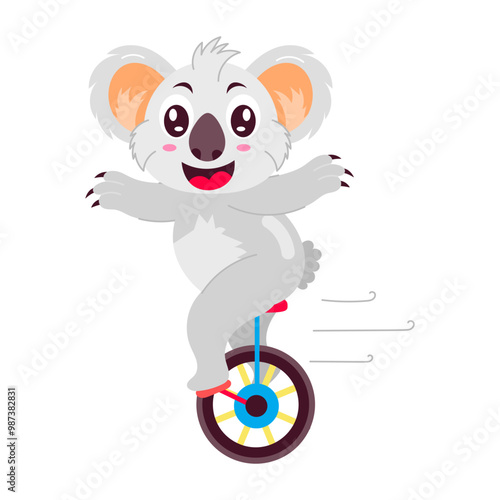 Cartoon style sticker of koala riding unicycle 

